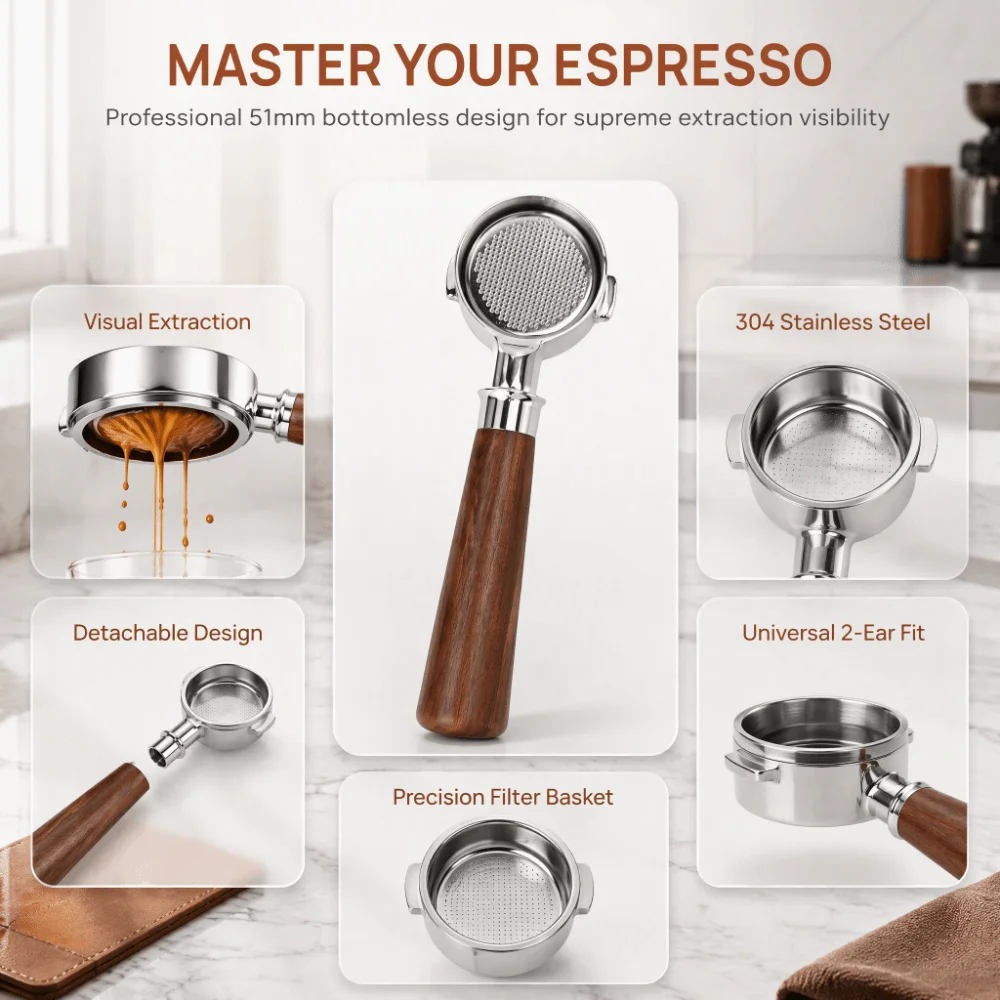 51mm Size Bottomless Portafilter Rosewood Handle 2 Ear Design Espresso Portafilter Compatible Replacement Stainless Steel Basket