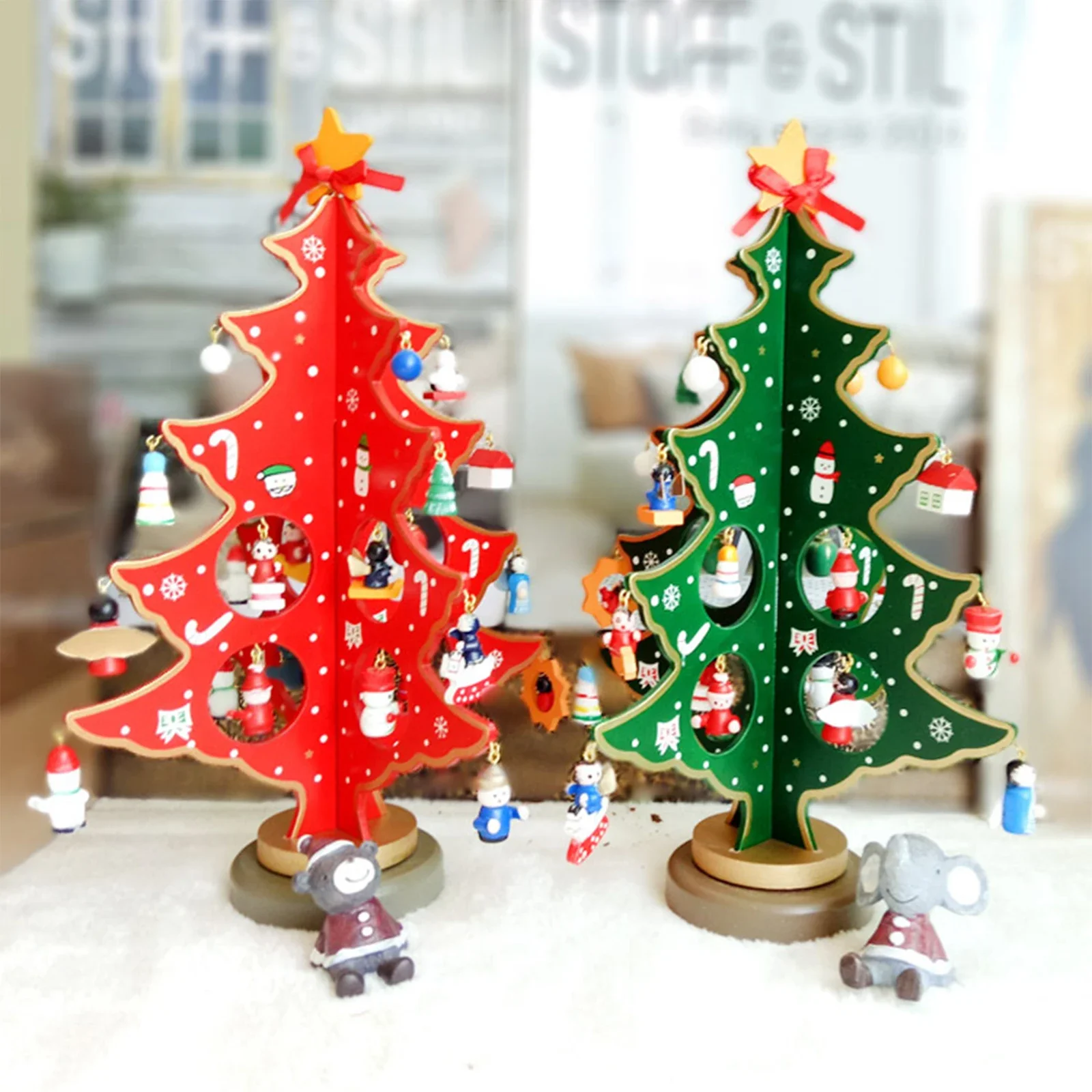 

Gift Craft Christmas Tree Desktop Ornament New Year Xmas Decorations Photo Prop Wooden Printed DIY Handmade Decorative