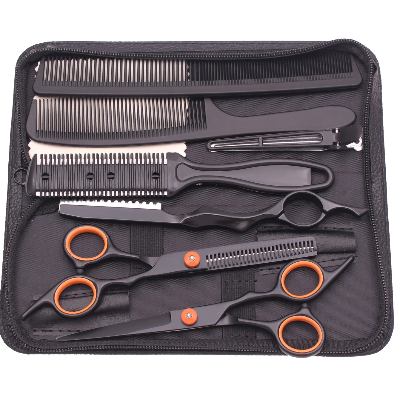 Haarschere JP Edelstahl Friseurschere 6" Haarschnitt Set Schwarz Effilierschere Salon Haarschnitt Schere Rasiermesser Kämme C1001