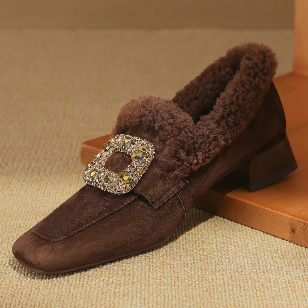 Women\'\'s natural suede leather wool inside crystal buckle square toe slip-on winter flats loafers high quality cold weather shoe