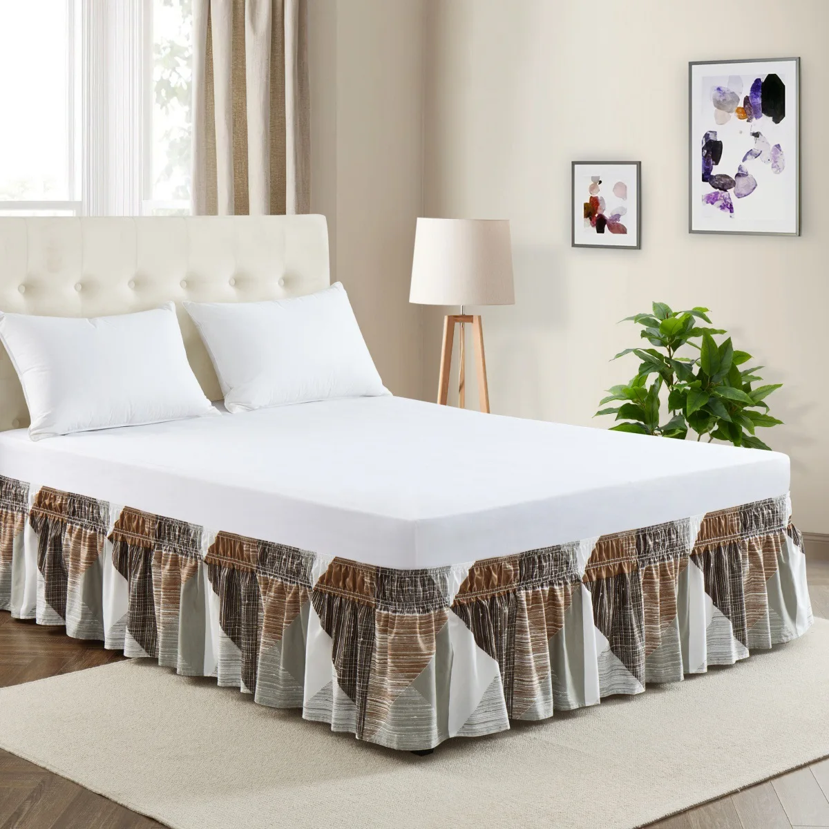 

Geometric Bed Skirt 15 Inch Drop,Retro Triangle Adjustable & Elastic Wrap Around Bed Skirts Pleated Luxury Dust Ruffles Bedskirt