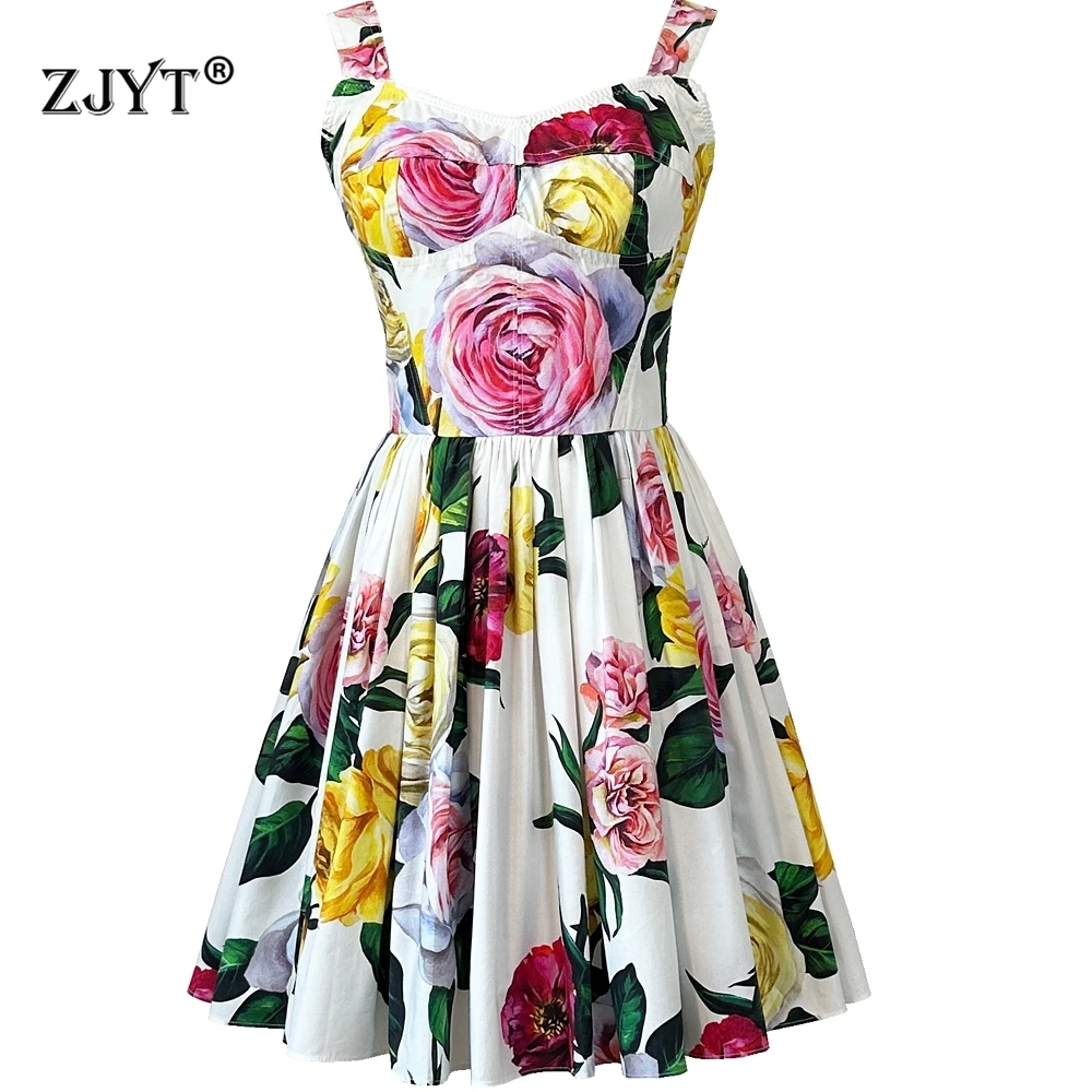 

ZJYT 100% Cotton Floral Print Summer Dresses for Women Spaghetti Strap Mini Party Beach Vacation Dress Sexy Vestidos 2025 Runway