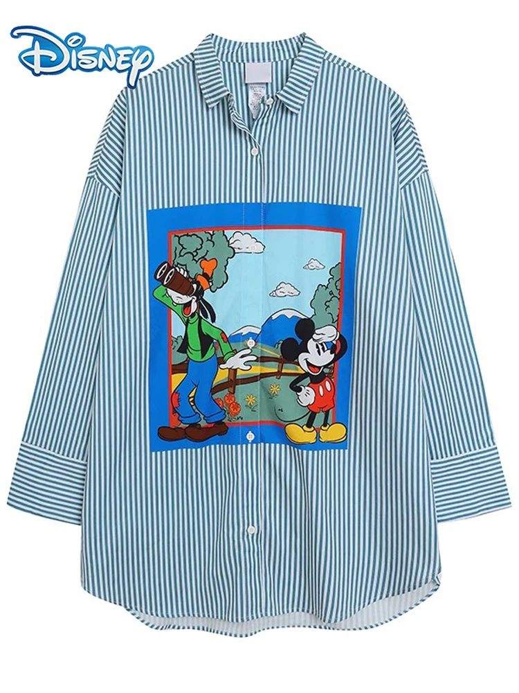

Disney Микки Маус Гуфи Полосатая блузка с мультяшным принтом OL Женская футболка с длинным рукавом Свободный повседневный джемпер Симпатичный топ унисекс для пар 2025