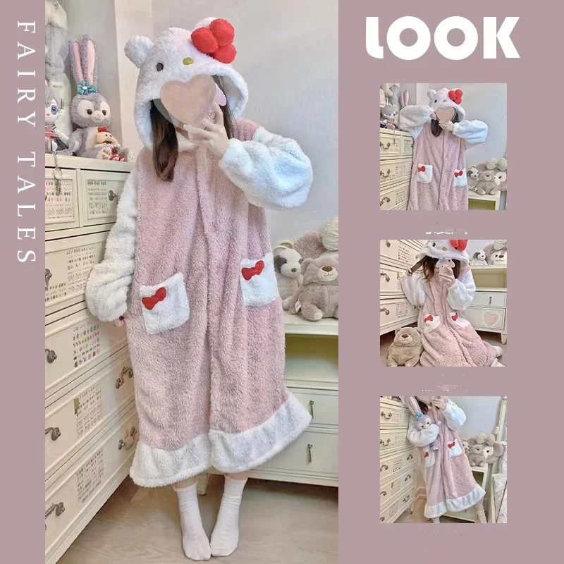 サンリオマイメロディパジャマセットかわいいフランネル漫画シナモロールハローキティパジャマホームウェア女の子冬暖かい部屋着スーツ