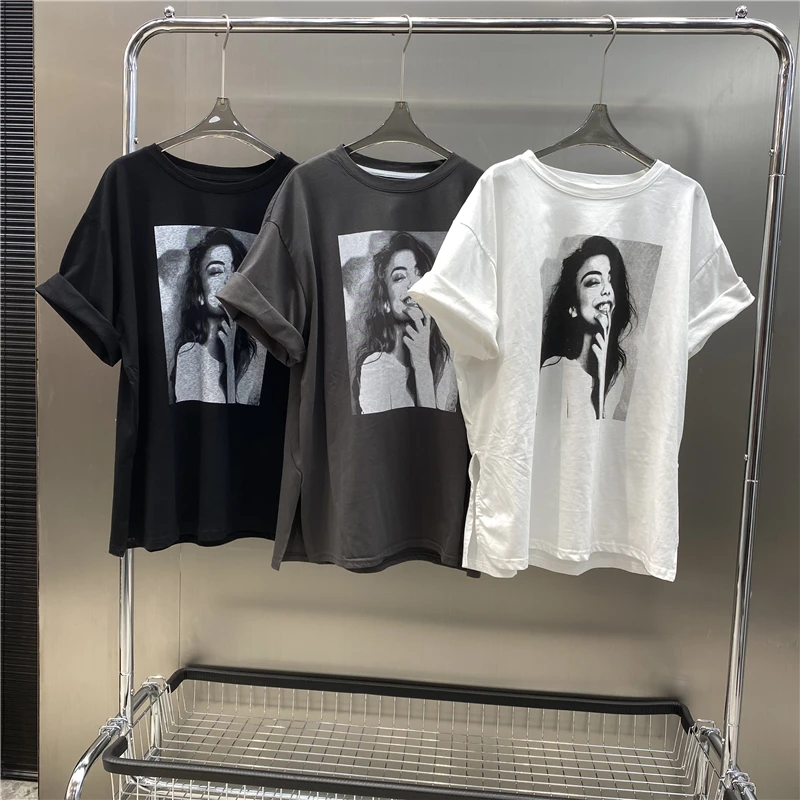 

New 2022 fashion Designer new style Famous brand Beauty printing Casual Loose Short sleeve T-shirt summer Retro Forked Top