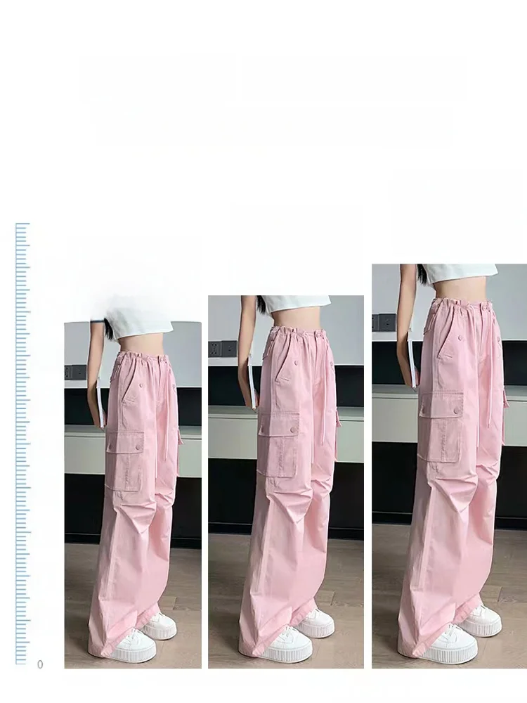 Roze hoge taille rechte pijpen dunne casual sportbroek dames zomer losse wijde pijpen werkkleding broek Koreaanse Sle pendelen