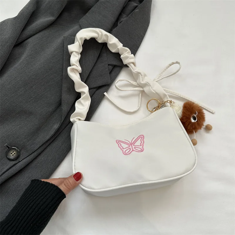 

Embroidery Bowknot Butterfly Shoulder Bag Y2k-Style Ruffle Handle Nylon Bow Tote Bag Makeup Lipstick Bag Handbag New