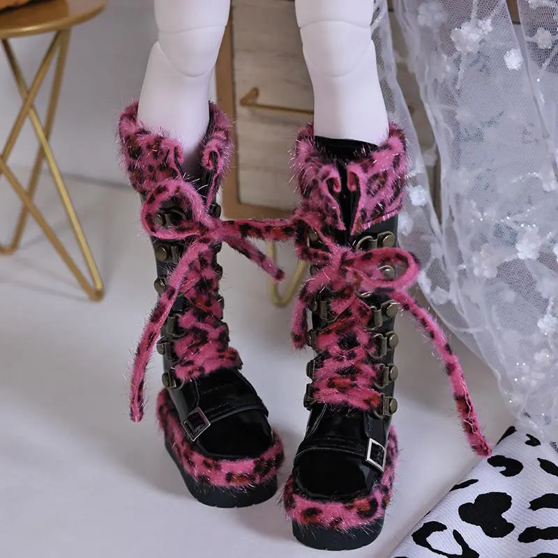 

1/4 Bjd Doll Shoes Handmade 5.8cm * 2.9cm Thick Soled High Top Mid Tube Leopard Print Lace Up Shoes For Bjd Doll Accessories Toy