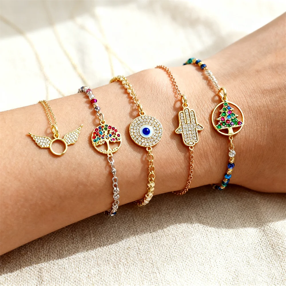 2Pcs Pendants Wing Tree Hamsa Hand Religious Parts Charm for DIY Jewelry Making Brass CZ Zirconia Women Men Bracelet Accessories