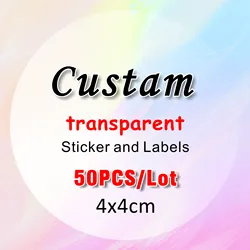 Adesivos impermeáveis transparentes com logotipo personalizado, caixa de presente, casamento, aniversário, tamanho personalizado, 50PCs, 4x4cm