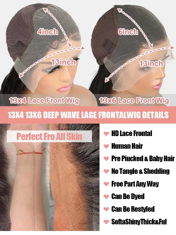 300% High Density Water Wave Human Hair Wigs HD Transparent 13x6 13x4 Deep Wave Lace Frontal Wig Brazilian Real Virgin Hair 40 46 Inch Jerry Curly Lace Front Human Hair Wigs For Women Preplucked Hairl image 8