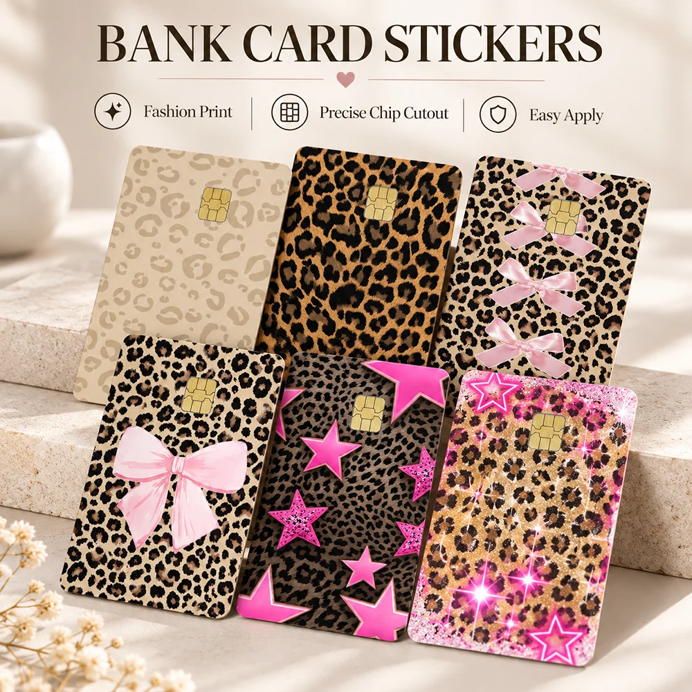 Glitter Leopard Bank Card Sticker Pink Sparkle Star Pattern Credit Card Skin Glam Fashion Wallet Decor Stylish Cover Design