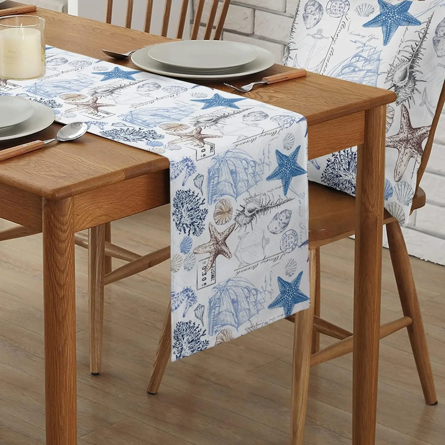 Nautical Undersea Shell Starfish Coral Hippocampus Linen Table Runner Dresser Scarf Table Decor Dinner Table Wedding Party Decor