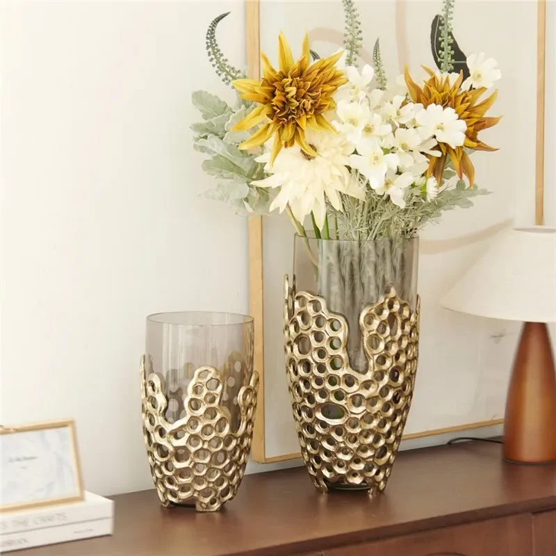 Luxury Gold Aluminum Hollow Glass Vase European Style Creative Flower Arrangement Home Decor Art Ornament Soft Decoration
