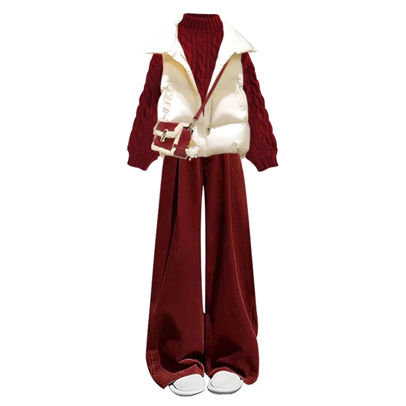 ชุดแฟชั่นผู้หญิงสำหรับฤดูใบไม้ร่วงและฤดูหนาว เสื้อยืดสีแดง เสื้อกั๊กผ้าฝ้าย กางเกงลำลอง สไตล์หรูหรา ให้ความรู้สึกดีเยี่ยมสำหรับเทศกาลปีใหม่