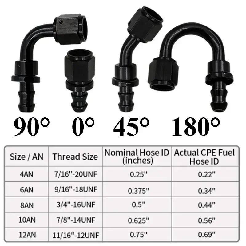 12Pcs Uuiversal Aluminum AN4 AN6 AN8 AN10 AN12 Car Oil Fuel Fittings Oil Fuel Push On Hose 0 90 45 Degree Rubber Tube Hose End