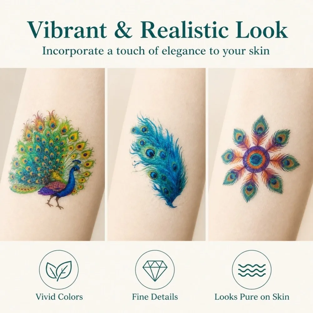 Peacock Pattern Diwali Sticker No Reflection Matte Finish Diwali Tattoo Sticker Persistent Green Diwali Disposable Tattoo