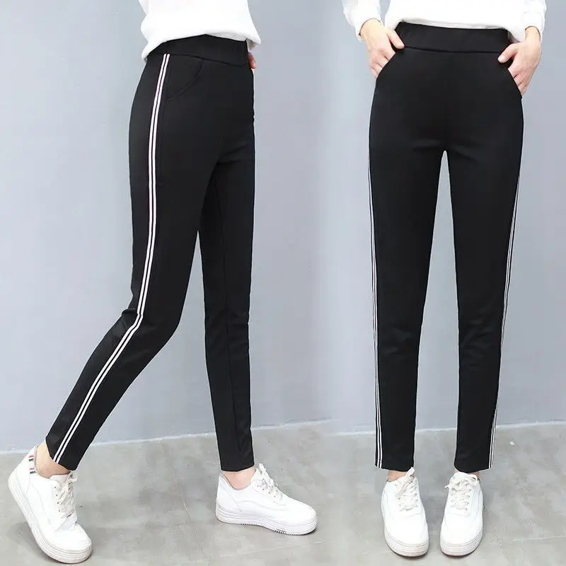 Patchwork Striped Large Size Spring Women Casual Solid Color Slim Elastic Waist Elastic Force Affordable All-match Trousers