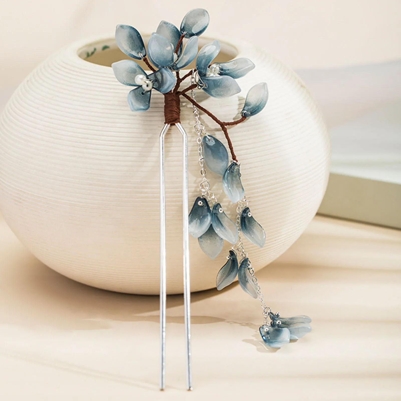 

Festival Hanfu U Shape Hairpin with Long Tassel Glazed Petals, Pearl Center Alloy Hair Jewelry for Wedding Party Women