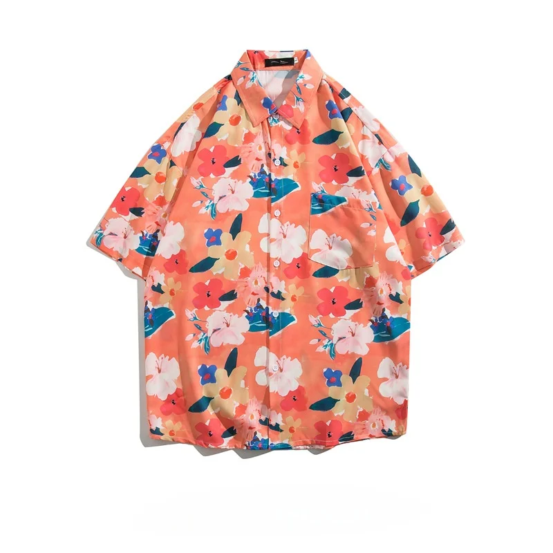 Summer Men's Retro Hawaiian Beach Travel Short Sleeve Printed Shirt High Street Loose Casual Half Sleeve Floral Shirt Coat
