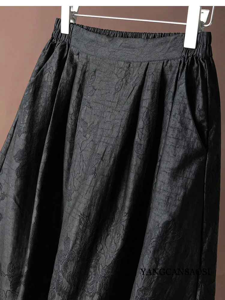 2026 Fashion Women's Clothing 100% Natural Mulberry Silk Turtle Crack Gambiered Guangdong Gauze Black Elastic Waist Skirt