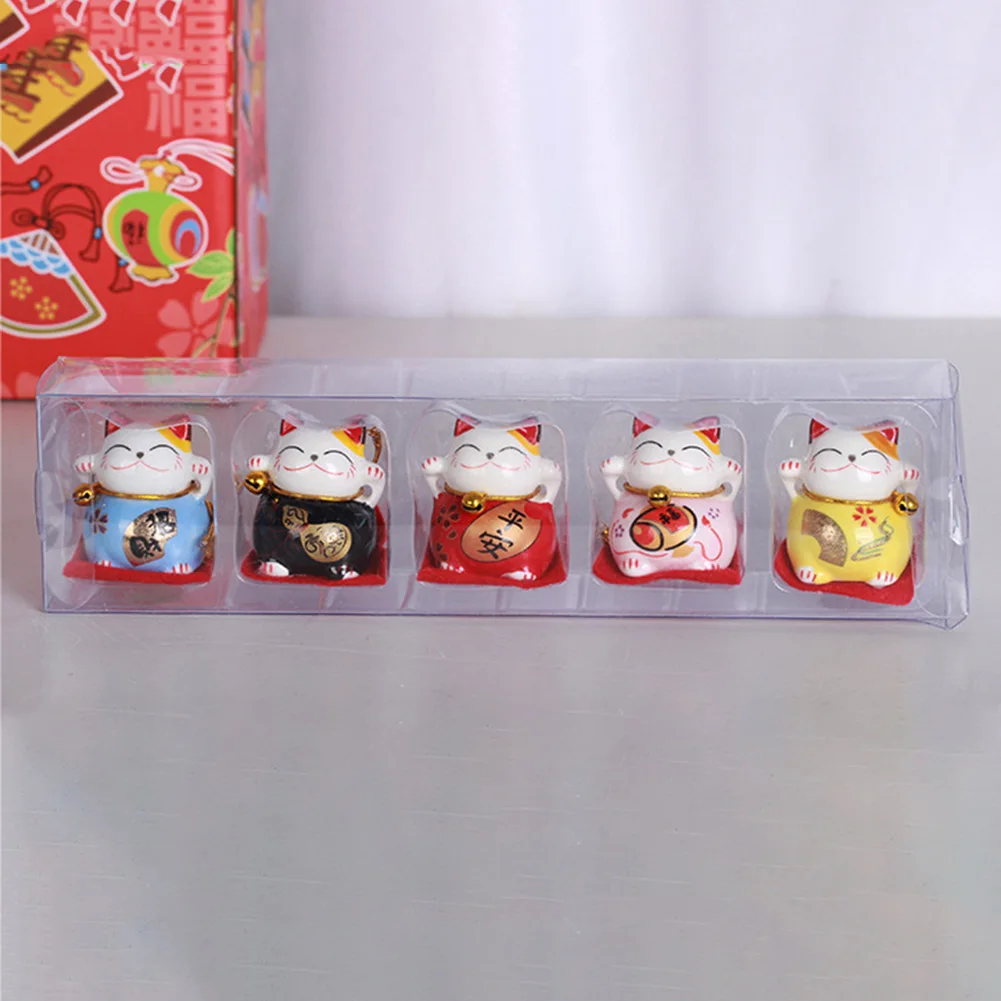 New Desk Cute Mini Maneki Neko Lucky Cat Ceramic Material 5 Piece Set Suitable for Home Office and Car Decoration