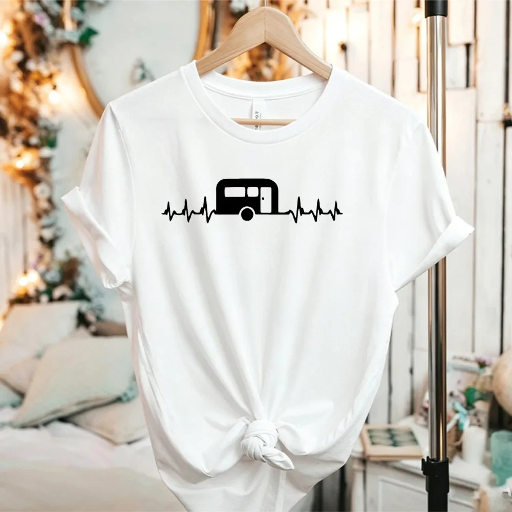 Autumn Unisex RV Camper Trailer Heartbeat Cotton T Shirt Camping Travel Graphic Casual Outdoor Short Sleeve Tee Vacation Tops