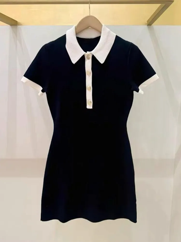 

Элегантное повседневное платье-юбка с контрастными вставками, отложным воротником, приталенного кроя, для женщин, вязаное, мягкое, средней длины, во французском стиле