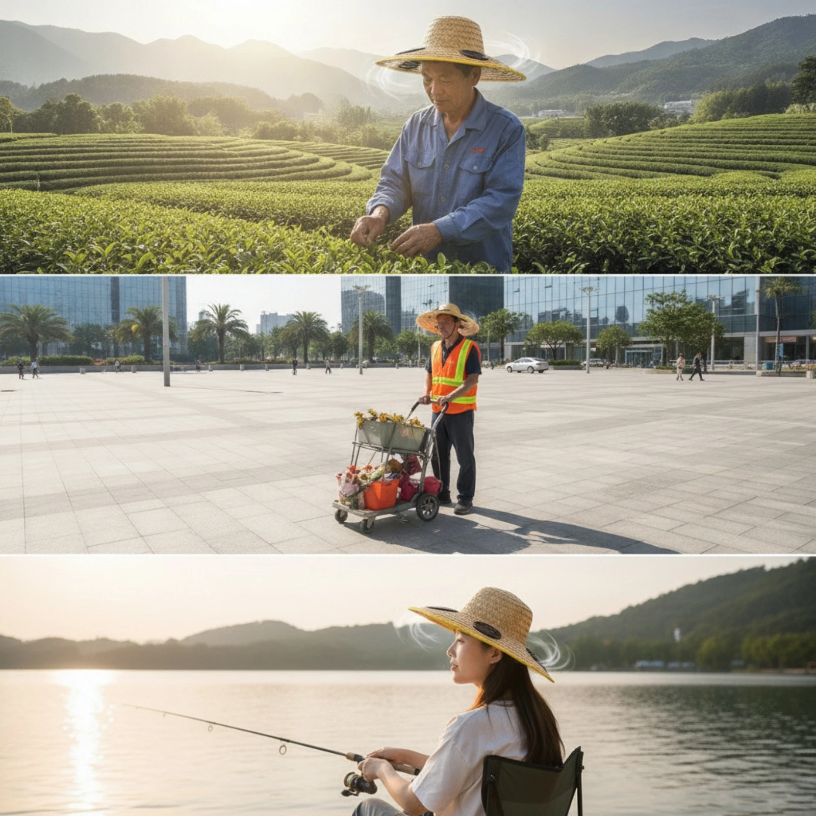 Wide Brim Straw Hat with USB Rechargeable Fan LED Display Hands-free Cooling Hat for Outdoor Gardening