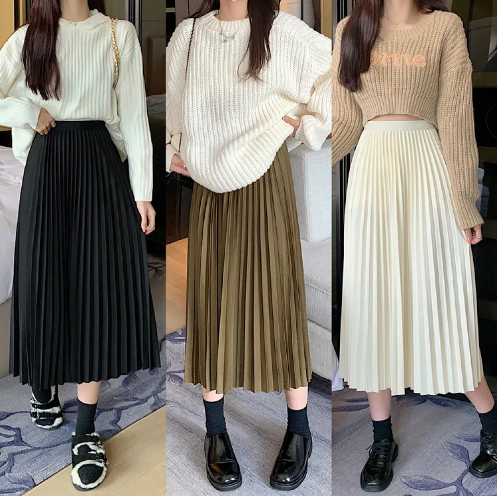 

Autumn Vintage Skirt Women High Waist Slim Pleated A-line Midi Skirt