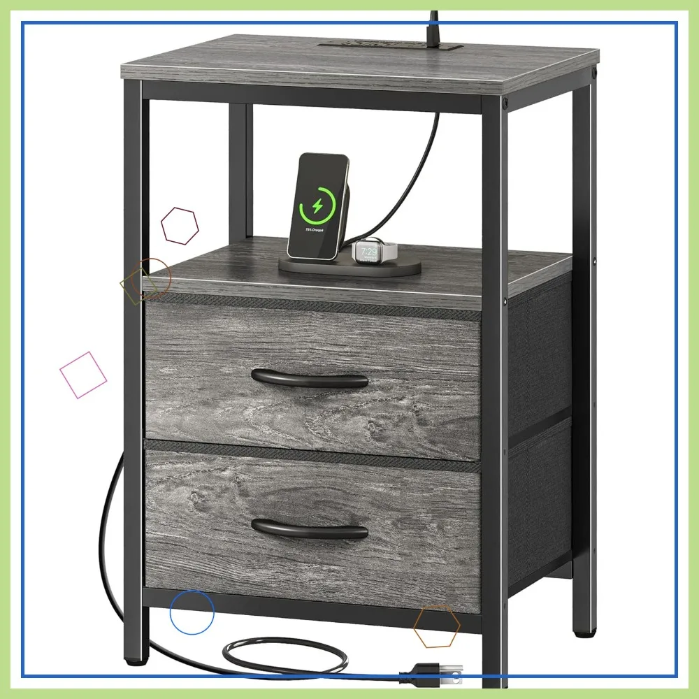 

Nightstand with Charging Station, Fabric Drawers, Open Shelf, USB Ports and Outlets for Bedroom in Gray