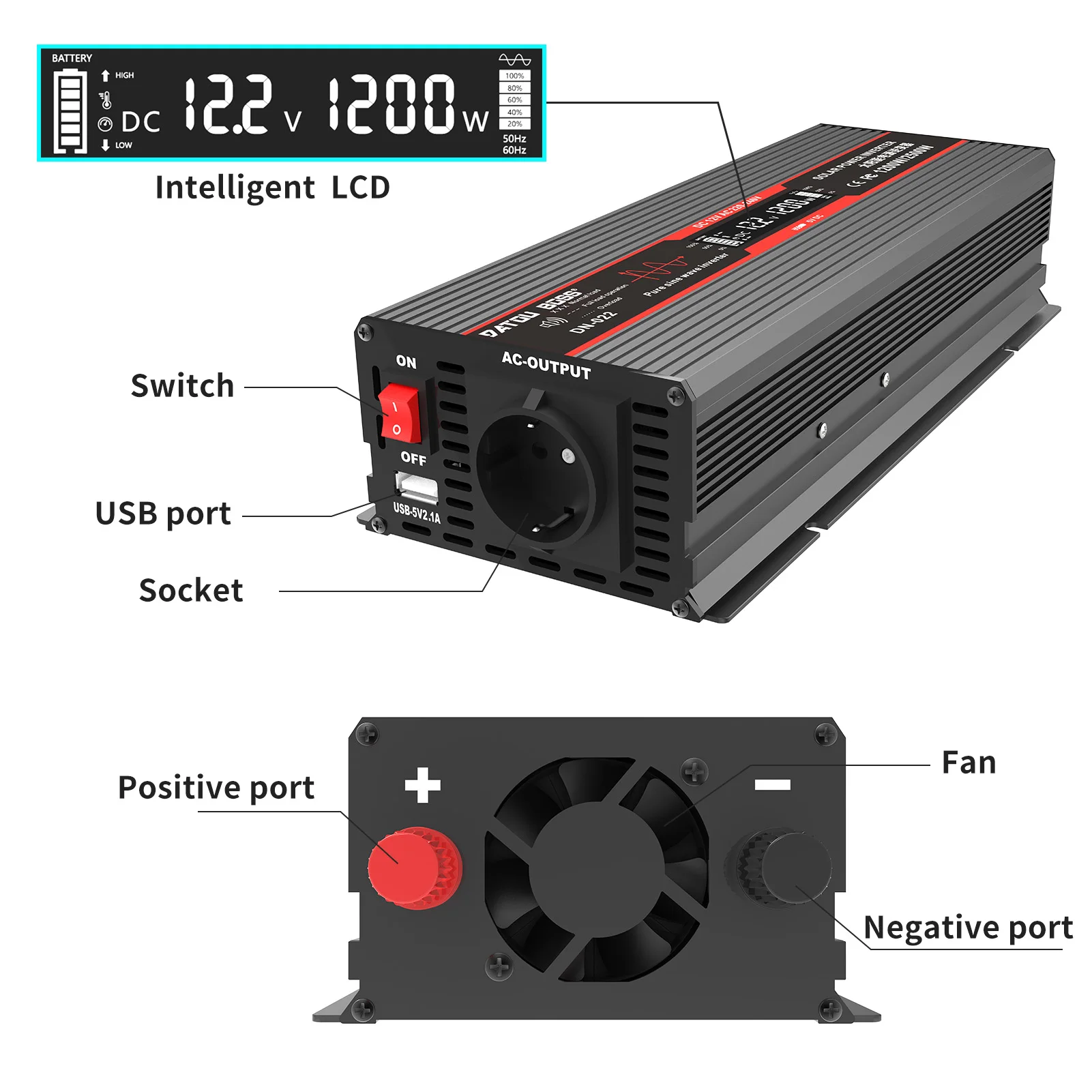 DATOUBOSS Inverter Pure Sine 12v 220v Continuous 1200W, Peak 2500W, LCD Screen, Fan, EU Socket, Inverters 12v to 220v 50/60Hz