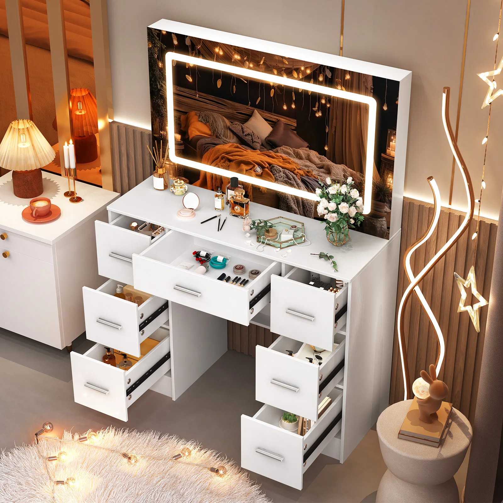 Office Furniture Now - Witte moderne kaptafelset met aanraakdimmer LED-spiegel,