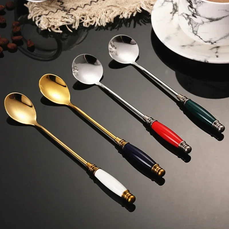 1PC Stainless Steel Coffee Spoon European Style Tempered Ceramic Handle Titanium Plated Stirring Dessert Spoon