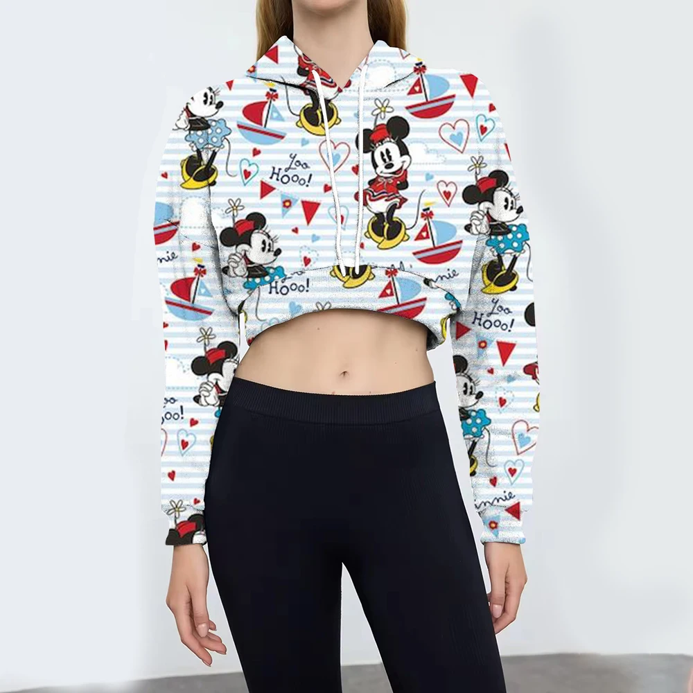 Street Women Sweatshirts Disney Minnie Mickey Mouse print Hoodies Crewneck Loose Pullover Female Cropped Tops Clothes