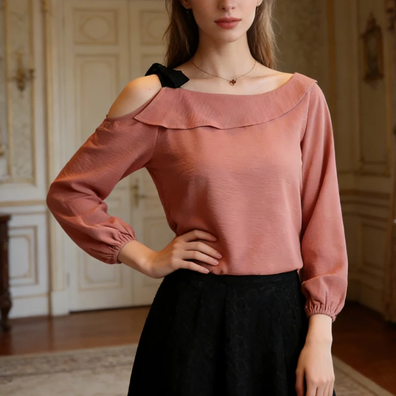 

Весенняя однотонная блузка с асимметричным вырезом на одно плечо, оборками, бантом на горловине, длинными рукавами-фонариками, повседневный шифоновый топ