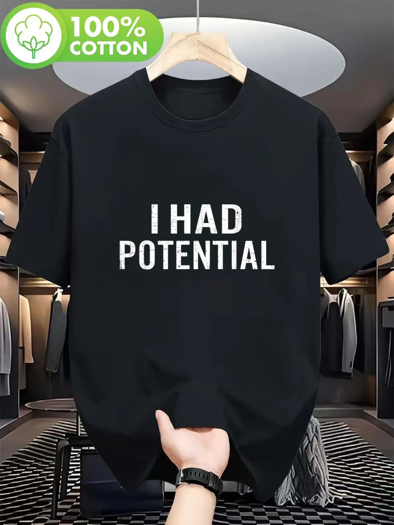 I possess the potential for playfulness, satire, and humor. Printed stylish crew neck short-sleeved shirt, casual travel wear.
