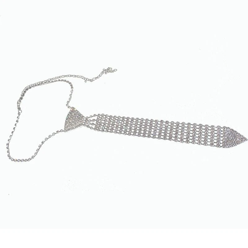 

652F Sparkly Silver Crystal Rhinestones Long Necktie Necklace with Adjustable Extended Chain for Women Weddings Party