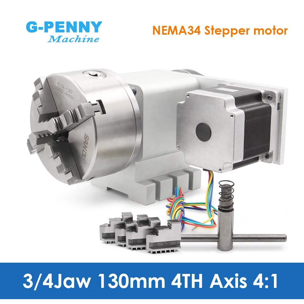 G-Penny 3 / 4 Jaw 130mm 4th Axis CNC Dividing Head/Rotation Axis/A axis kit Reduction ratio 4:1 with Nema34 Stepper Motor