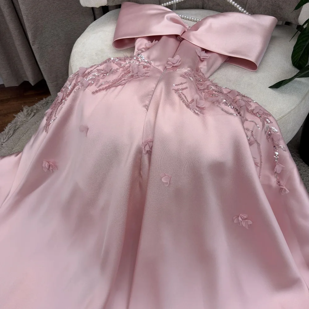 Customized Pink Satin Appliques Lace Beading Sequined Evening Dress A-Line Off the Shoulder with Sleeveless Homecomin