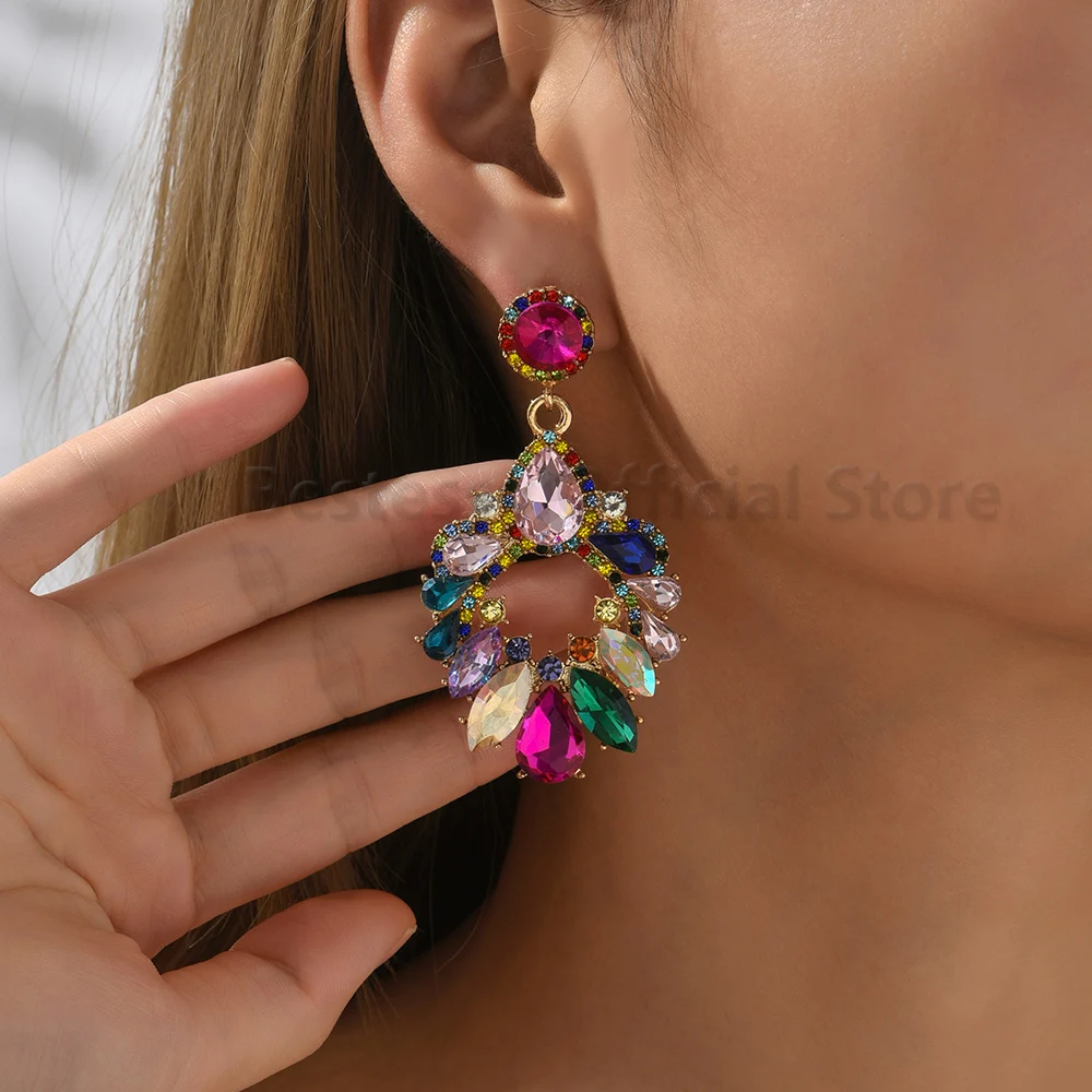 Pendientes colgantes grandes de diamantes de imitación para mujer, candelabro de cristal colorido, diseñador de lujo, joyería de fiesta de boda y