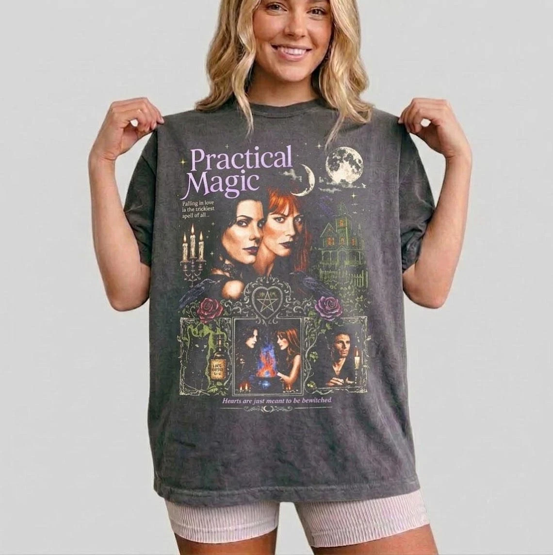 Practical Magic Vintage 90s Witch Tee T-shirt Graphic Short Sleeve Women T-shirts for Unisex Black Casual Crew Neck T Shirt