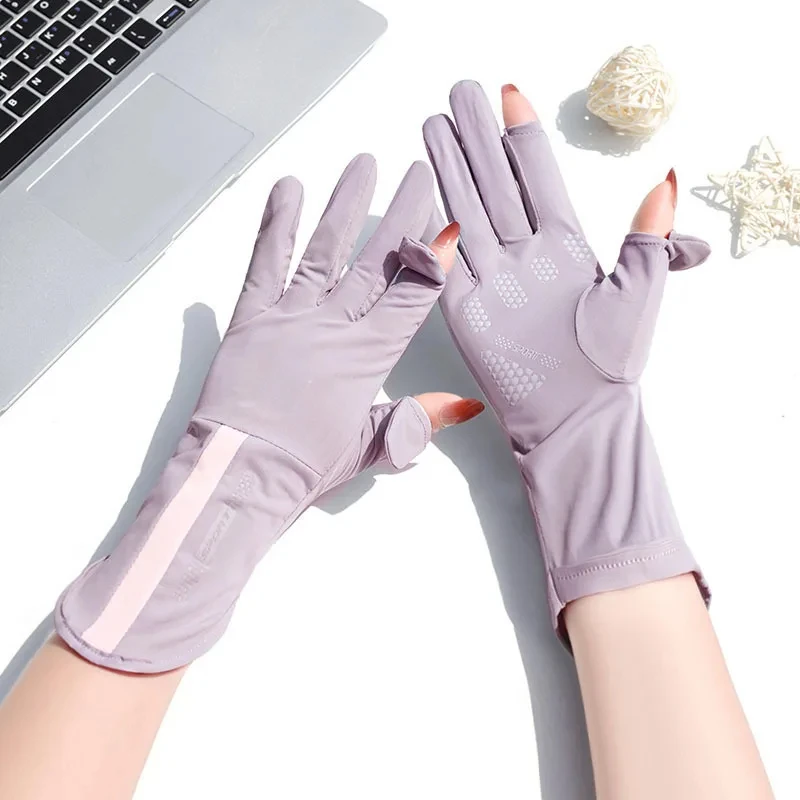 Luvas de Verão Femininas Finas de Seda Gelada com Proteção Solar Anti-UV, Dedos Expostos, Tela Sensível ao Toque, para Dirigir e Andar de Bicicleta, Antiderrapantes, Respiráveis, UPF 50