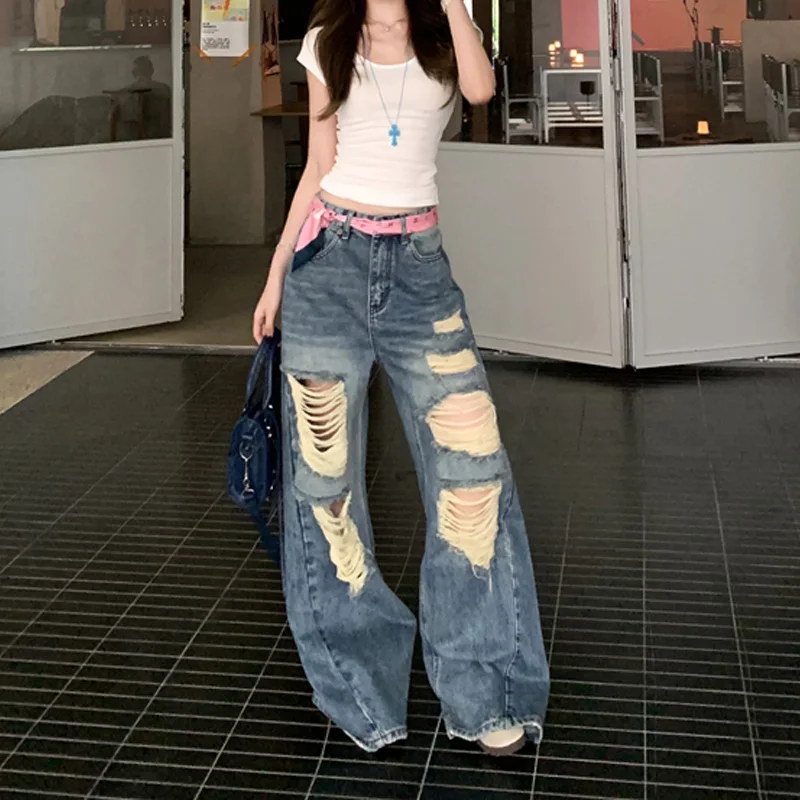 Benuynffy Vintage Y2K Jeans lavati strappati da donna American Streetwear Pantaloni in denim a gamba larga larghi casual a vita bassa 2025