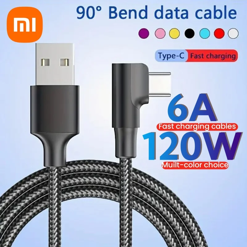 Xiaomi 120w USB Type C Super Charging Cable L Shape 90 Degree Fast Charging 6A For Huawei Xiaomi Samsung