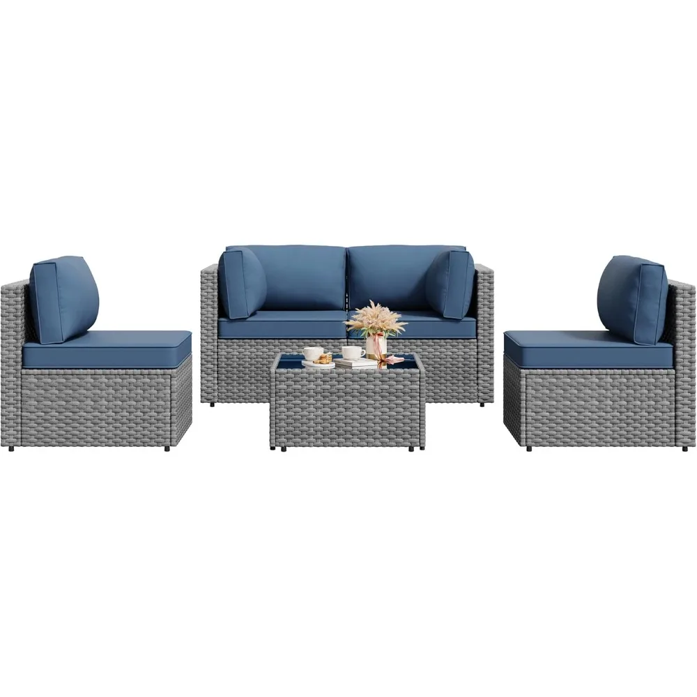 5 Pieces Patio Furniture Sets, Wicker  Sectional Furniture with Glass Table and Cushions, Rattan Patio Conversation Sets