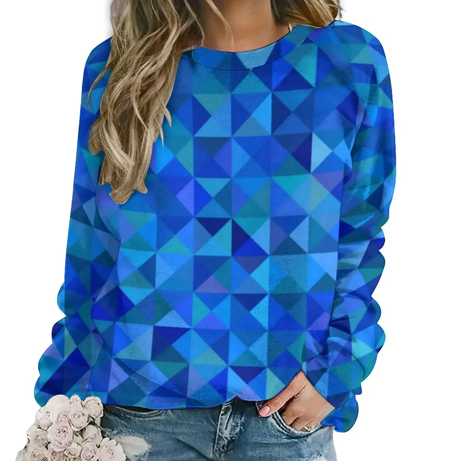 

Blue Abstract Geometry Hoodies Women Bright Shapes Print Fashion Casual Hoodie Winter Long Sleeve Elegant Pattern Tops 2XL 3XL