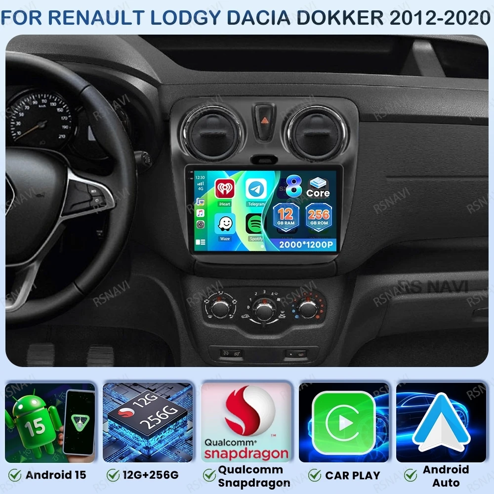

Android 15 Car Radio For Renault Lodgy Dacia Dokker 2012-2020 4G LTE BT GPS QLED Qualcomm Wireless Carplay Auto DSP Autoradio