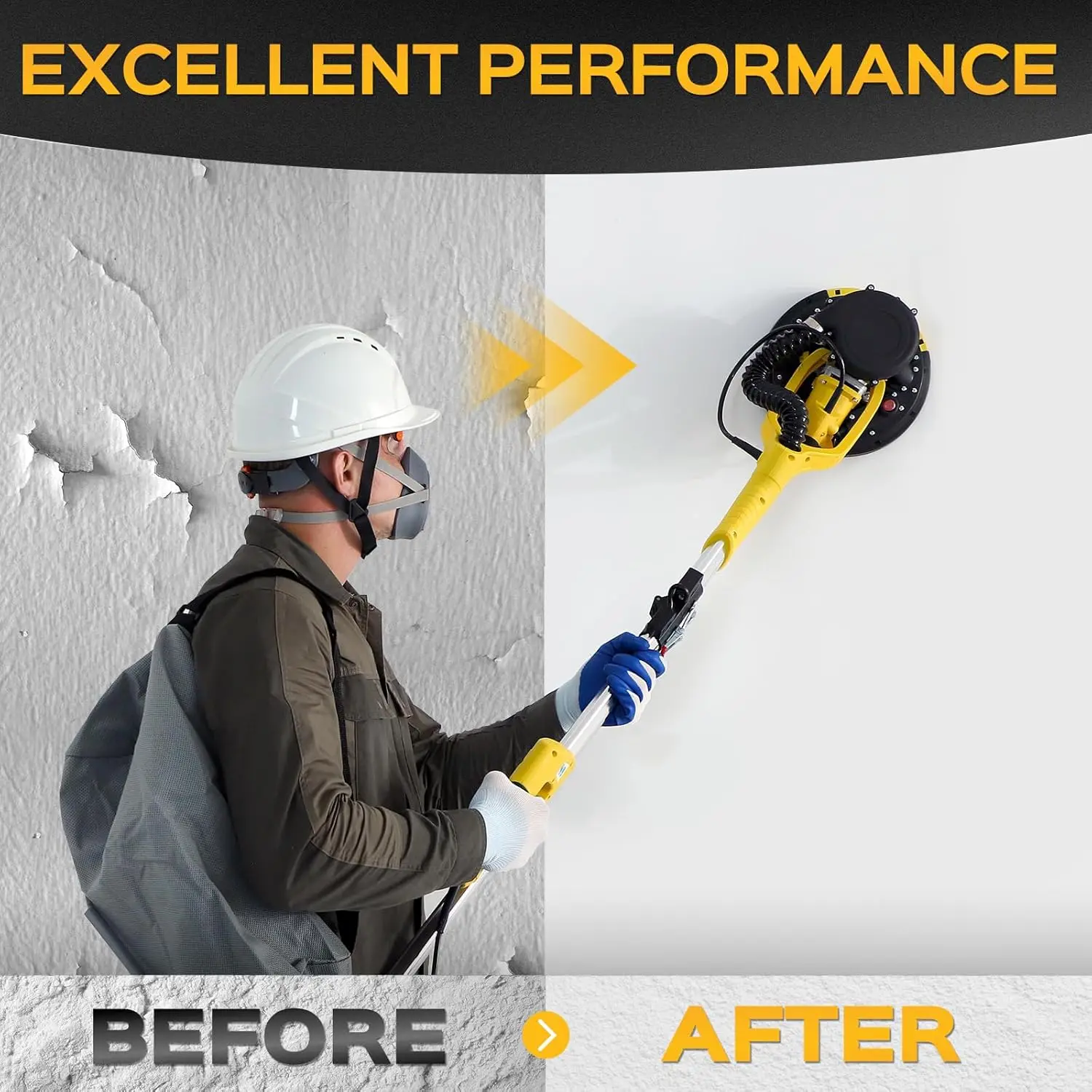 

Drywall Sander Tool, 8.5 Amp Popcorn Ceiling Removal Tool with 7 Variable Speed 800-1800RPM, Electric Drywall Sander with Extend