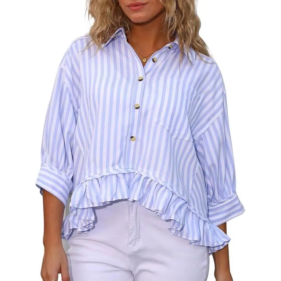 Casual zomer irt voor dames Button ort Sve geplooide zoom gestreepte top polyestervezel Bubble Sve normaal dun